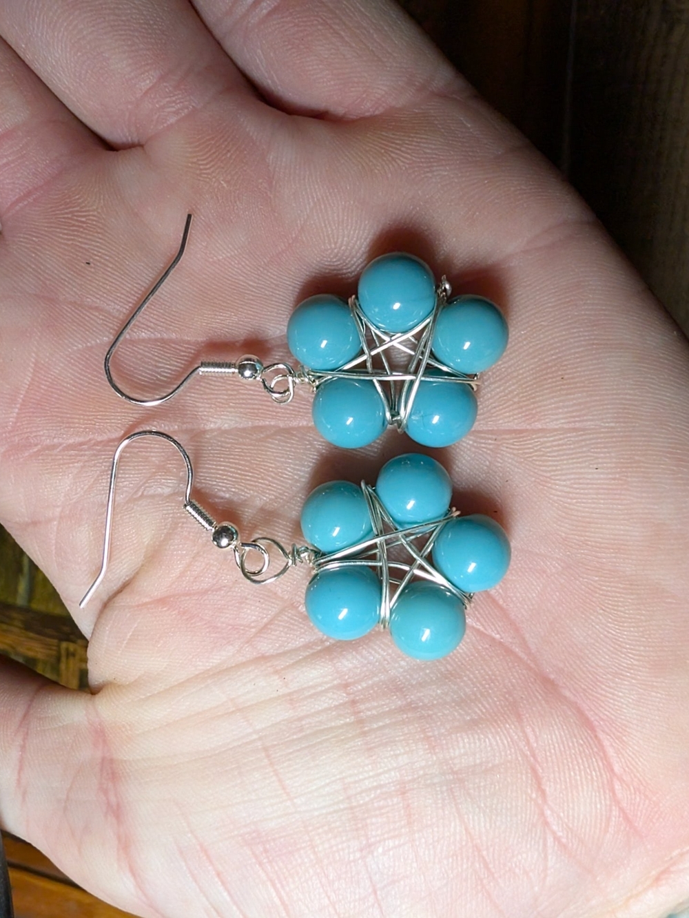 Turquoise Bead Flower Drop Earrings - Silver Wire